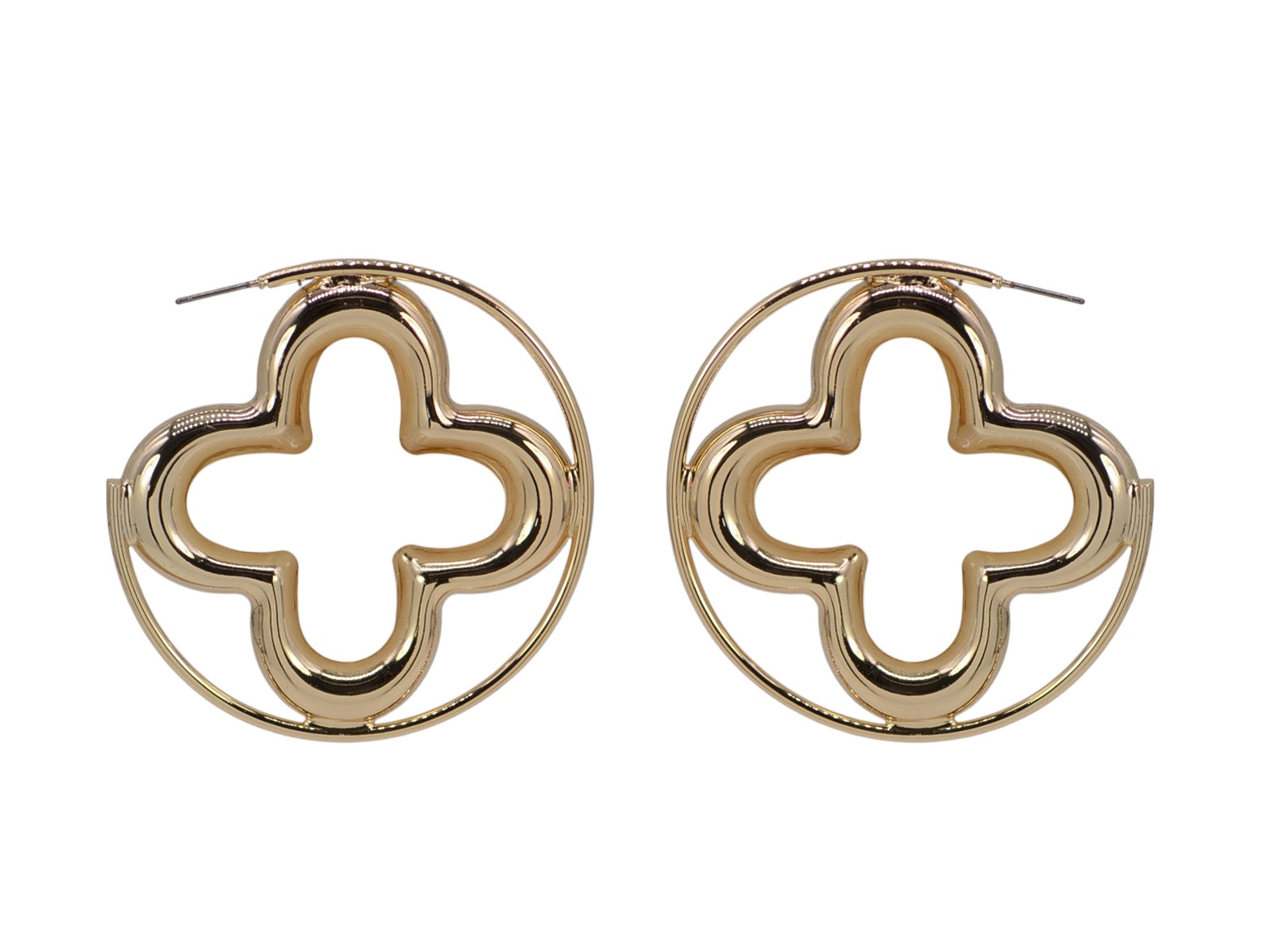 Pair of gold earrings with white clover-like centers on a white background